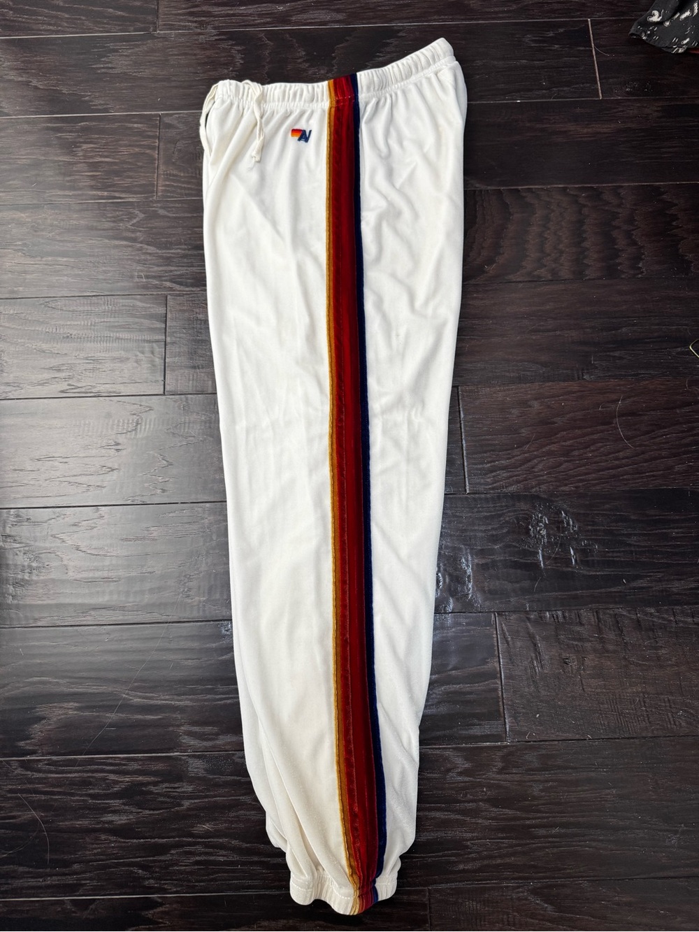 Aviator Nation cream velour Track Pants with 5 Stripes.size s